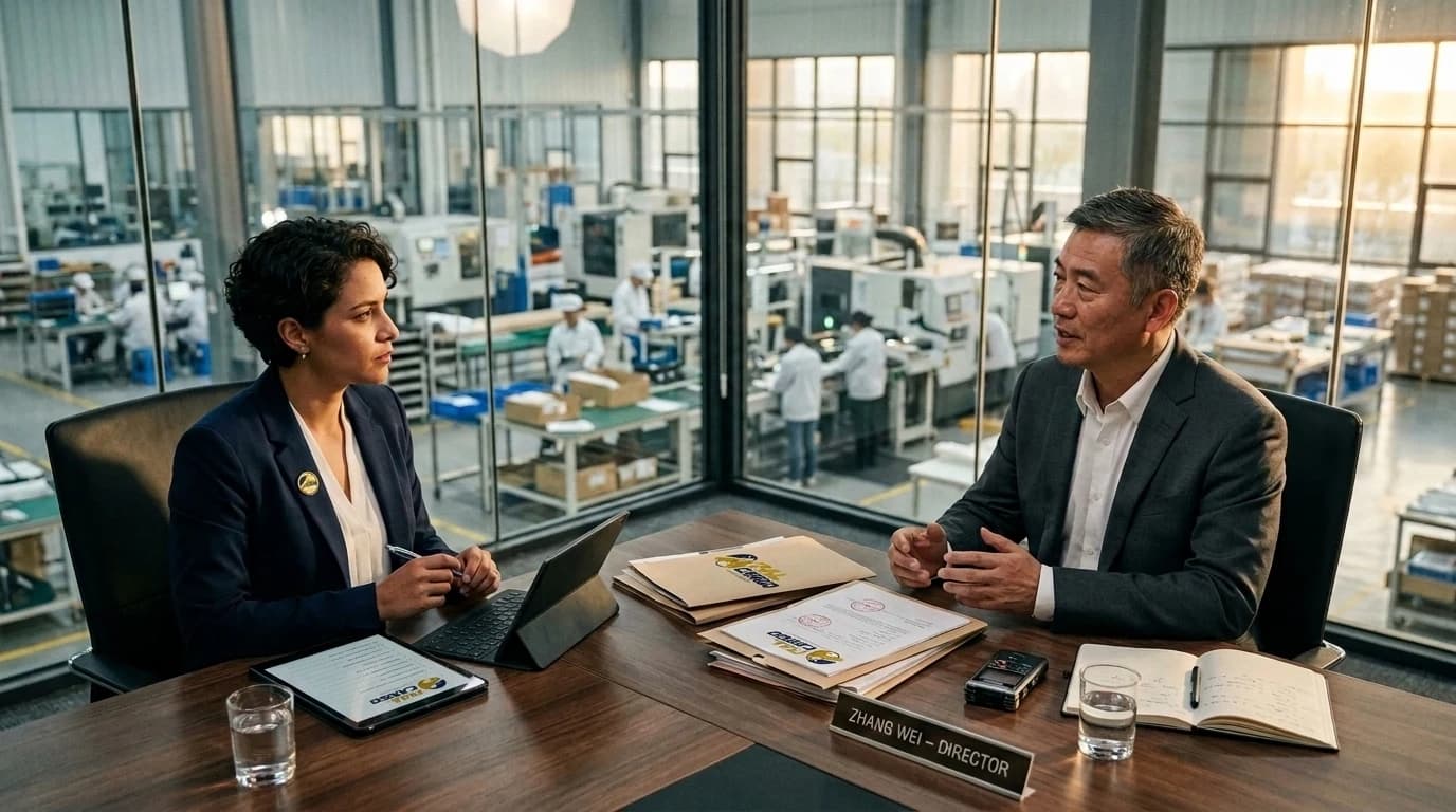 Agente de Full Cargo en China entrevistando presencialmente al dueño de una fábrica y verificando licencias gubernamentales