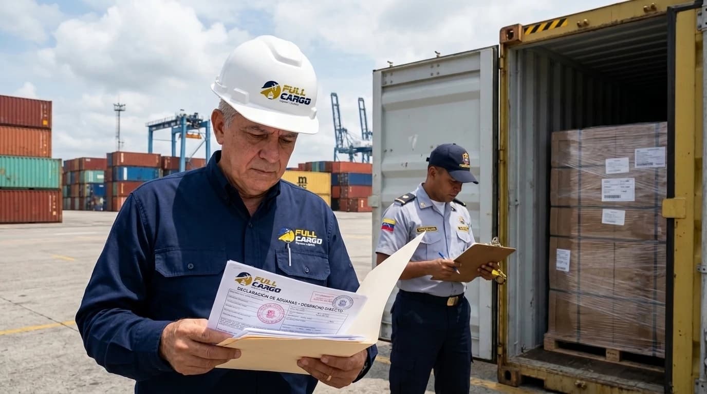 Agentes aduanales de Full Cargo ejecutando reconocimiento y desaduanamiento directo de contenedores en puerto venezolano
